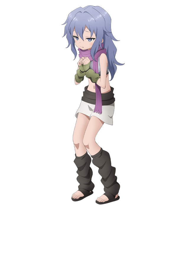 1girl, anime_coloring, bare_shoulders, black_leg_warmers, black_sandals, black_sash, blue_eyes, blue_hair, breasts, clenched_hands, closed_mouth, crossed_bangs, fingerless_gloves, flat_chest, flipped_hair, full_body, gloves, green_gloves, grey_shirt, hagi_(kunoichi_tsubaki_no_mune_no_uchi), hair_between_eyes, hands_up, kunoichi_tsubaki_no_mune_no_uchi, leg_warmers, long_hair, looking_at_viewer, midriff, navel, ninja, official_art, okuda_yousuke, pigeon-toed, purple_scarf, sandals, sash, scarf, shirt, short_shorts, shorts, simple_background, sleeveless, sleeveless_shirt, solo, standing, striped_clothes, striped_shirt, tachi-e, transparent_background, tsurime, vertical-striped_clothes, vertical-striped_shirt, white_shorts