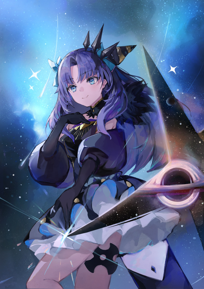 1girl, absurdres, anki-ereshkigal_(fate), black_dress, black_hole, blue_eyes, dress, elbow_gloves