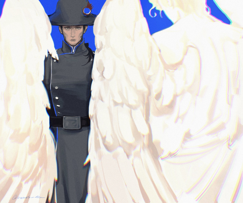 2boys, angel_wings, belt, black_belt, black_hair, blonde_hair, blood_on_hat, blue_background