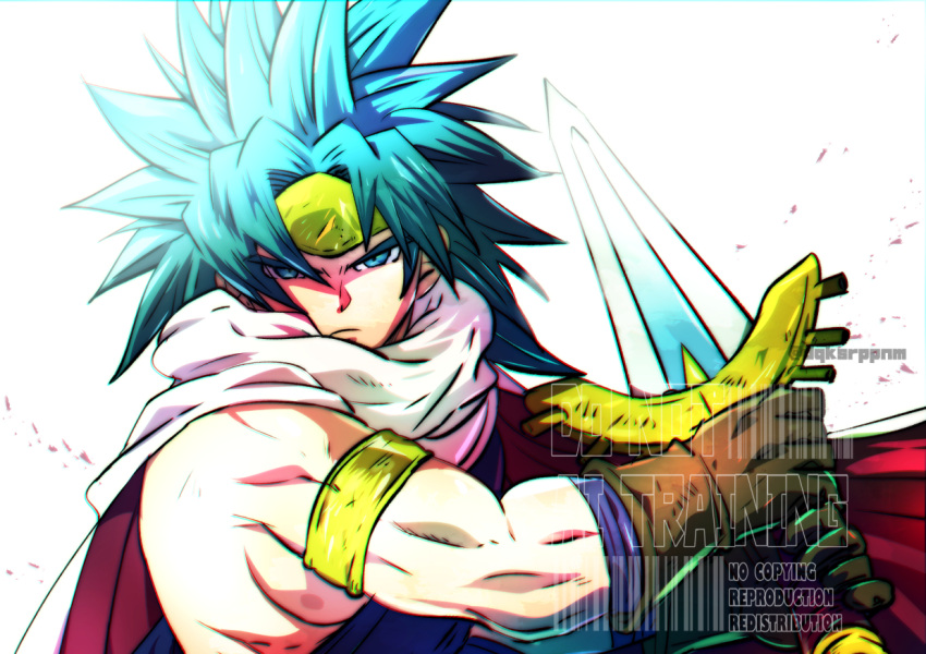 1boy, alvin_(dq10), aqua_eyes, aqua_hair, armlet, blue_tunic, brown_gloves, cape