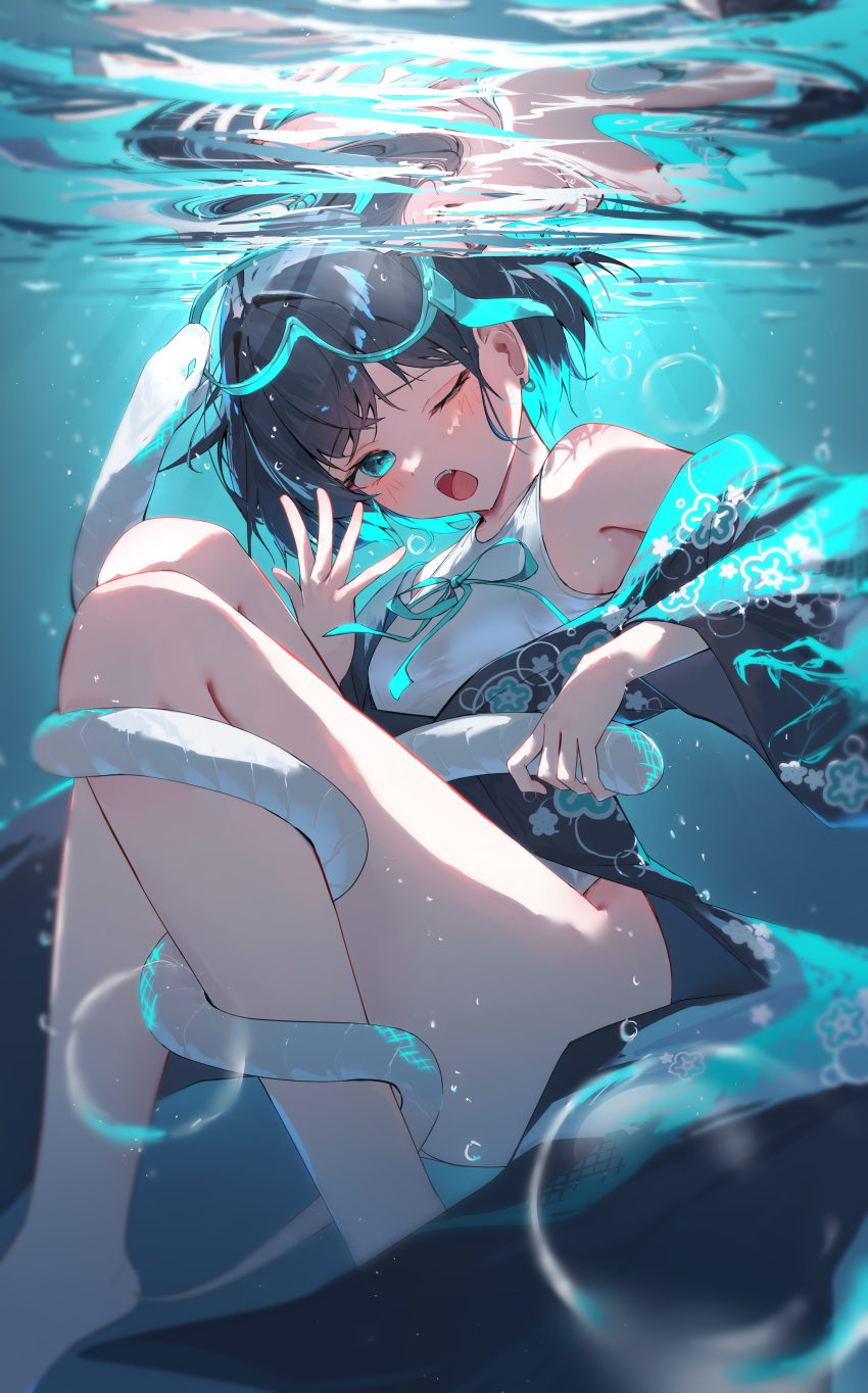 1girl, ;o, absurdres, air_bubble, aqua_eyes, aqua_hair, aqua_ribbon, black_hair