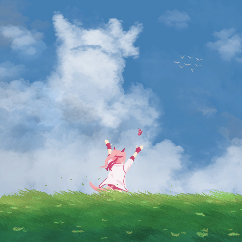 1girl, animal_ears, arms_up, bird, blue_sky, bug, buruma, butterfly, clouds, ear_covers, field, fingerless_gloves, gloves, grass, haru_urara_(bestest_prize)_(umamusume), haru_urara_(racehorse), haru_urara_(umamusume), headband, highres, horse_ears, horse_girl, horse_tail, jacket, johnholl0w, long_hair, outdoors, pink_buruma, pink_hair, pink_headband, ponytail, red_buruma, red_gloves, red_headband, shaped_cloud, sky, tail, umamusume, white_jacket