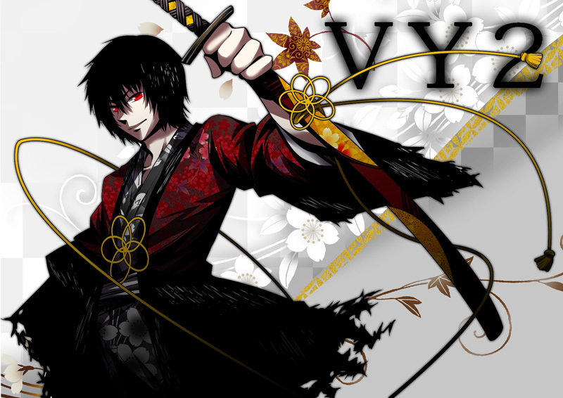 black_hair, japanese_clothes, katana, male, original, red_eyes, smile, solo, sword, vocaloid, vy2, weapon, yyukke