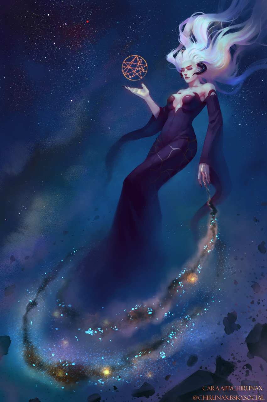1girl, artist_name, black_dress, chirun, dress, fingernails, galaxy, giant