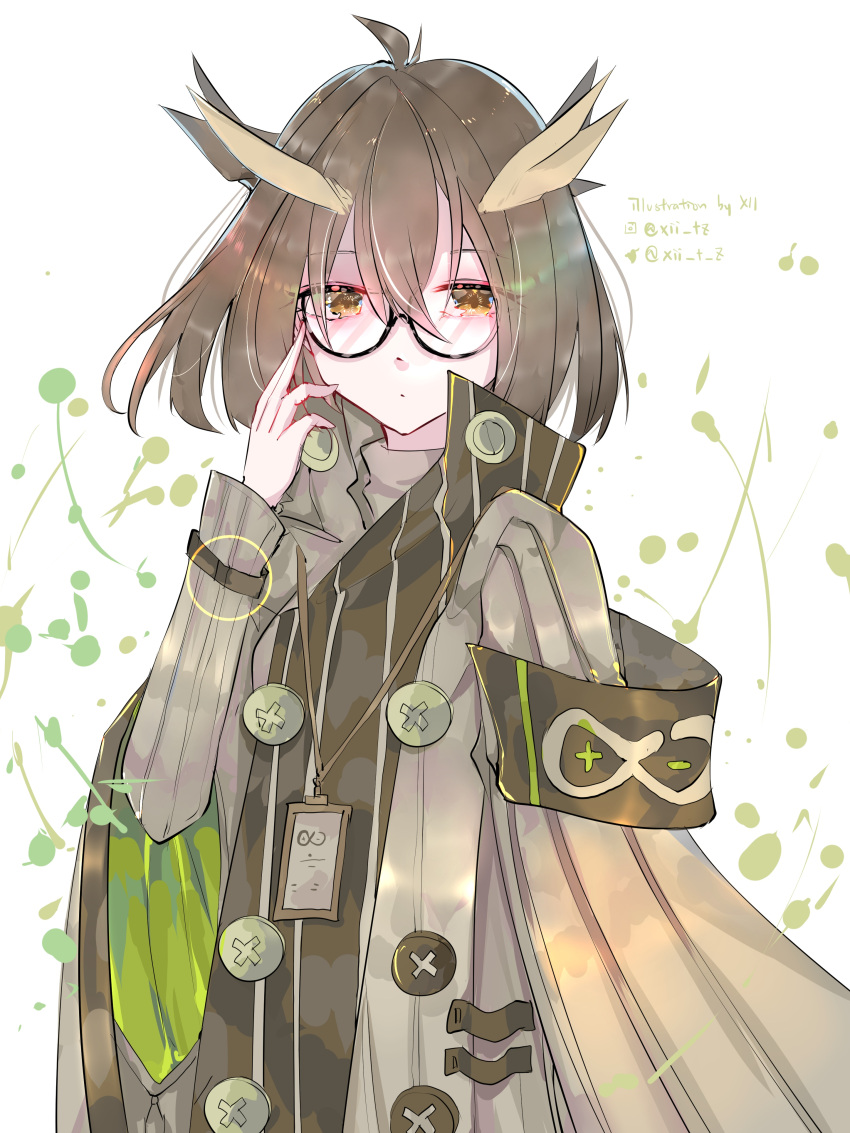 1girl, absurdres, adjusting_eyewear, ahoge, arknights, armband, artist_name, black-framed_eyewear