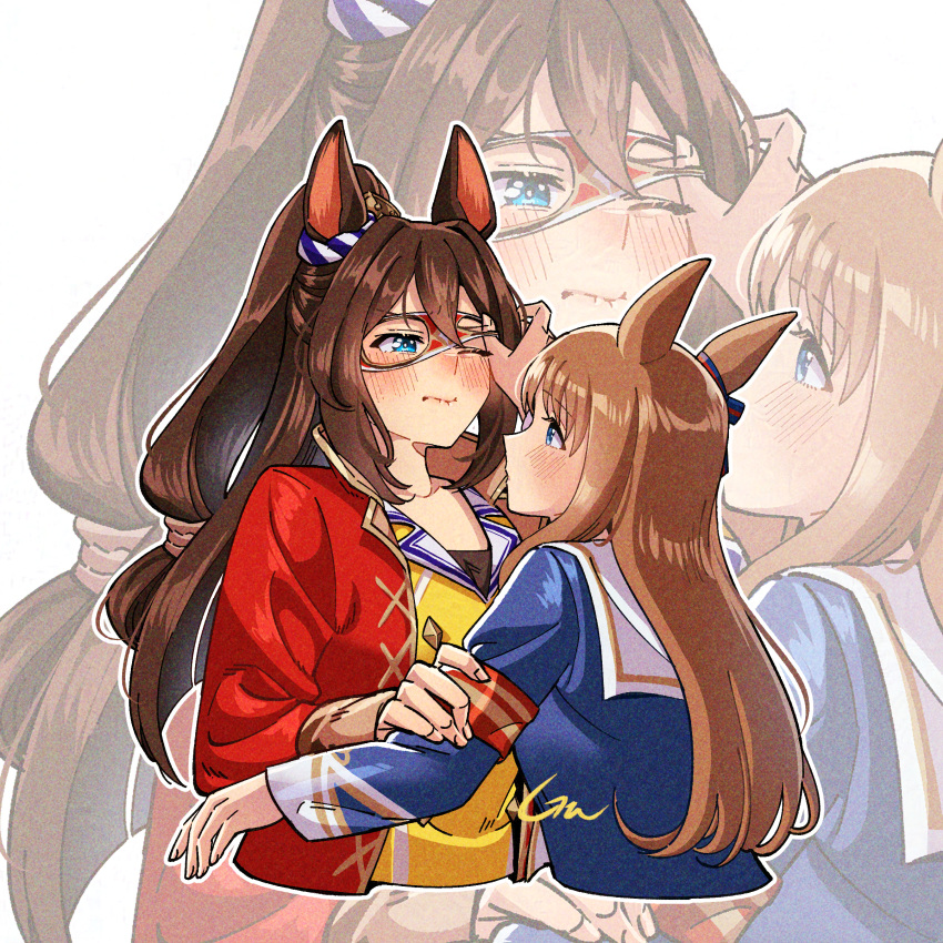 2girls, absurdres, animal_ears, armband, black_hair, blue_eyes, blue_shirt, blush