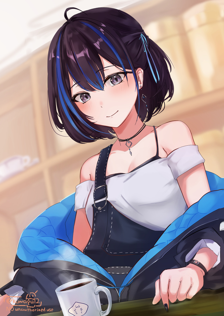1girl, absurdres, ahoge, black_hair, black_jacket, black_nails, blue_hair, coffee