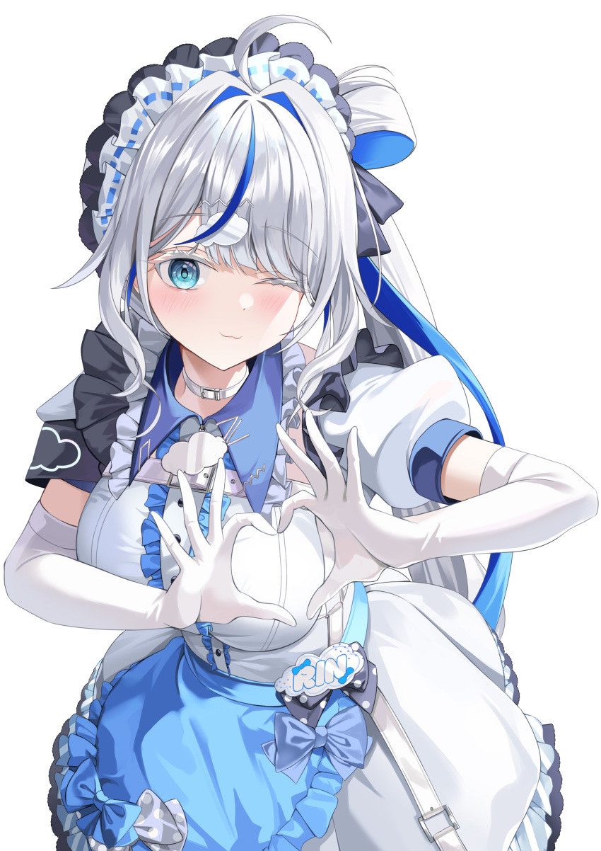 1girl, absurdres, ahoge, aokumo_rin, apron, blue_apron, blue_hair, blue_streaks