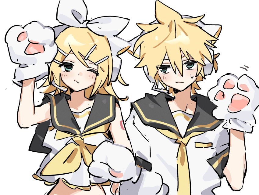 1boy, 1girl, animal_ears, animal_hands, bare_shoulders, black_sailor_collar, blush, bow