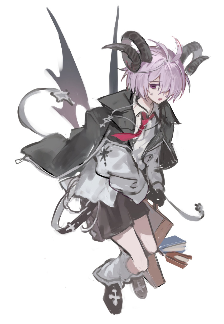 1boy, black_gloves, black_jacket, black_shorts, book, collared_shirt, demon_boy, demon_horns