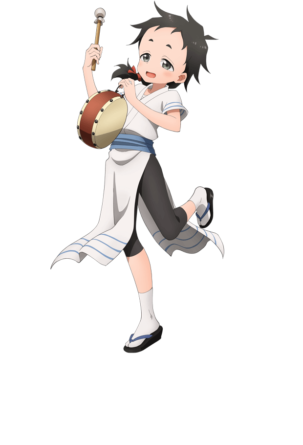 1girl, :d, anime_coloring, arched_back, black_hair, black_pants, black_sandals, blue_sash, blush, breasts, drum, drumsticks, flat_chest, full_body, hair_ribbon, holding, holding_drumsticks, instrument, japanese_clothes, kimono, kunoichi_tsubaki_no_mune_no_uchi, leg_up, looking_at_viewer, low_ponytail, medium_hair, mukuge_(kunoichi_tsubaki_no_mune_no_uchi), obi, official_art, okuda_yousuke, open_mouth, pants, pelvic_curtain, ponytail, red_ribbon, ribbon, sandals, sash, short_eyebrows, short_sleeves, simple_background, smile, socks, solo, spiky_hair, standing, standing_on_one_leg, tachi-e, taiko_drum, tareme, thick_eyebrows, transparent_background, white_kimono, white_socks, zouri