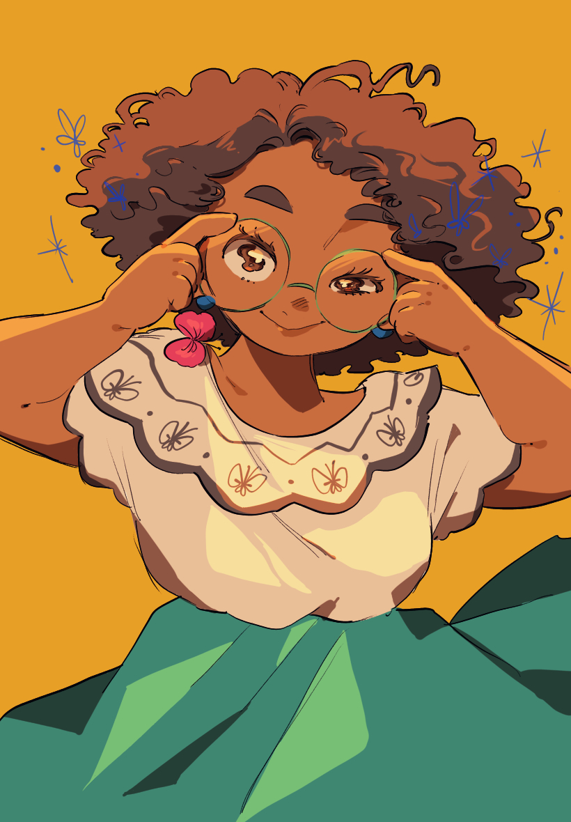 1girl, brown_eyes, brown_hair, colombian_clothes, curly_hair, dark-skinned_female, dark_skin, earrings