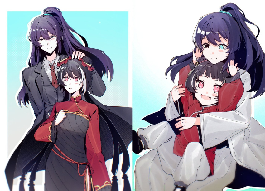 1boy, 1girl, aged_down, black_coat, black_dress, black_eyes, black_hair, black_pants, black_shoes, black_vest, blue_background, blue_eyes, border, chinese_clothes, coat, collared_shirt, double_bun, dress, fang, hair_bun, hanfu, headpat, heterochromia, high_ponytail, hong_lu_(project_moon), jia_xichun_(project_moon), limbus_company, long_hair, looking_at_another, multicolored_hair, nana_nana_bot, necktie, open_mouth, pants, pink_eyes, ponytail, project_moon, red_dress, red_necktie, red_shrug, rope_belt, shirt, shoes, siblings, simple_background, standing, streaked_hair, twintails, upper_body, vest, white_border, white_hanfu, white_pants, white_shirt, white_streaks