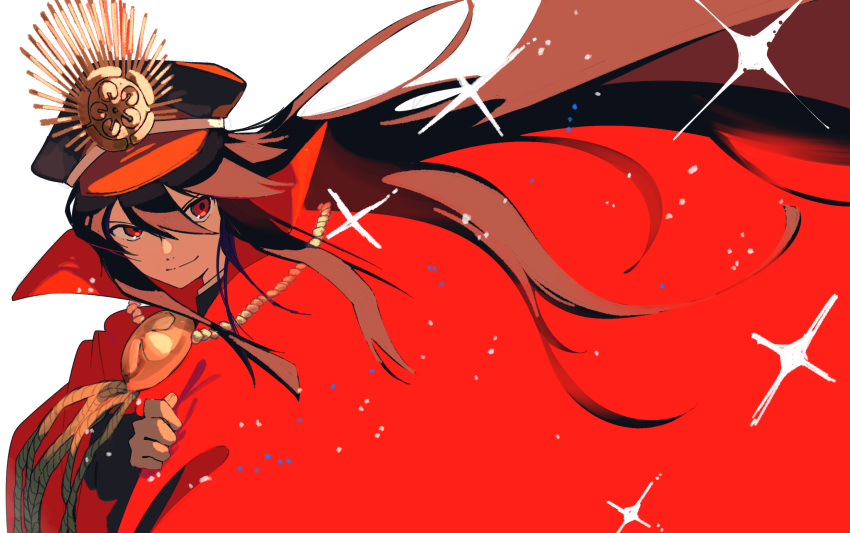 1girl, black_hair, cape, commentary_request, fate/grand_order, fate_(series), hair_between_eyes, hat, highres, igurumi_00128, long_hair, looking_at_viewer, oda_nobunaga_(fate), peaked_cap, red_cape, red_eyes, simple_background, smile, solo, sparkle, white_background