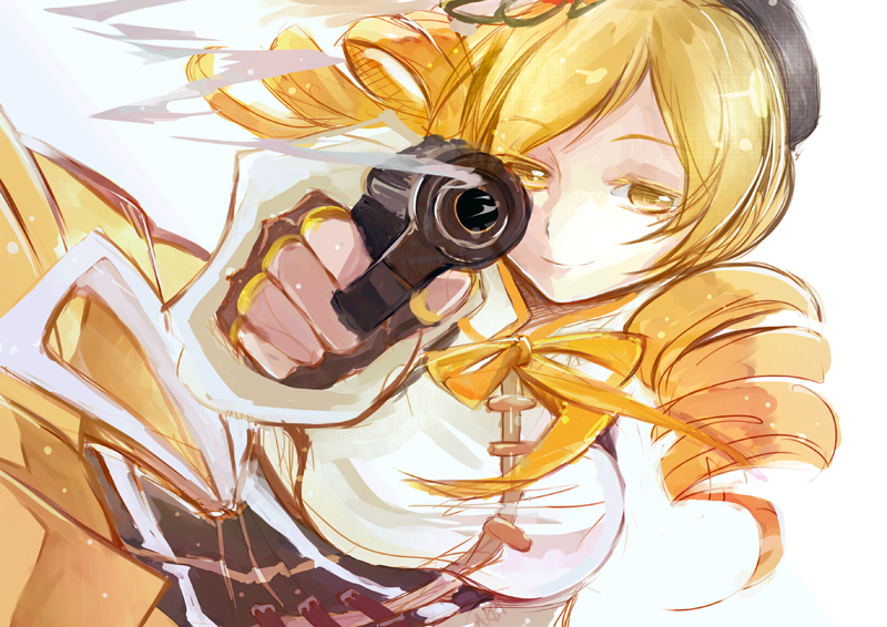 aiming_at_viewer, beret, blonde_hair, breasts, corset, drill_hair, gun, hair_ornament