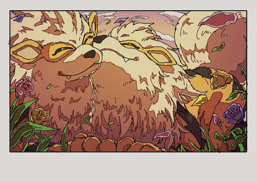 animal_focus, arcanine, closed_eyes, closed_mouth, fangs, fangs_out, flower, highres