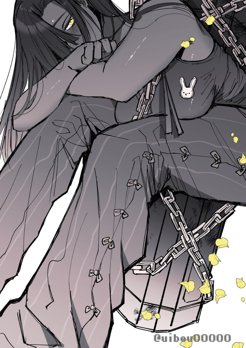 1girl, alternate_costume, black_hair, blush, breasts, chain, crossed_arms, dark-skinned_female