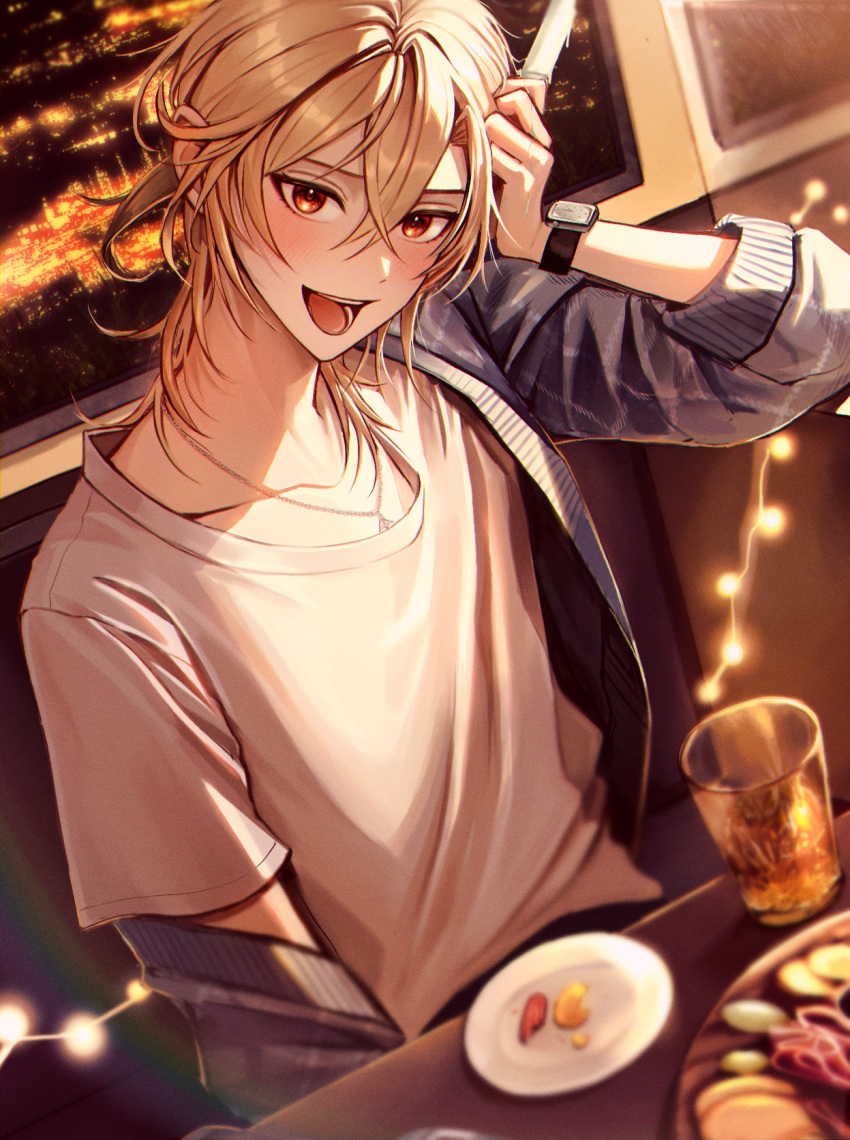1boy, :d, arm_up, blonde_hair, blue_jacket, blush, city_lights, collarbone