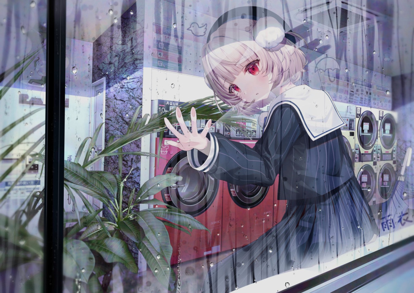 1girl, against_glass, beret, blunt_bangs, blush, braid, hair_ornament, hair_rings