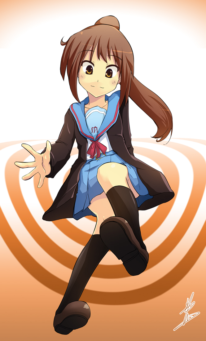 cardigan, genderswap, kyonko, magma_chipmunk, magma_squirrel, monochrome, ponytail, school_uniform