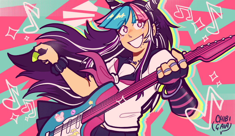 1girl, artist_name, black_hair, black_sailor_collar, black_skirt, blue_hair, blue_streaks, blush