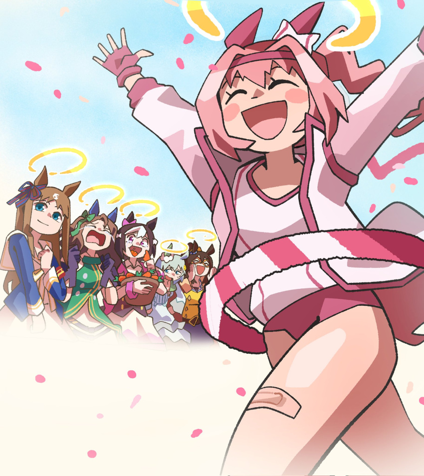 6+girls, animal_ears, armband, bandaid, bandaid_on_leg, basket, black_gloves, blue_eyes, blue_jacket, blush, bow, brown_hair, buruma, carrot, cheering, closed_eyes, closed_mouth, cropped_jacket, crying, domino_mask, dress, ear_bow, ear_covers, ear_ornament, ear_ribbon, eating, el_condor_pasa_(el_numero_1)_(umamusume), el_condor_pasa_(umamusume), fingerless_gloves, finish_line, flower, gloves, golden_generation_(umamusume), grass_wonder_(stone-piercing_blue)_(umamusume), grass_wonder_(umamusume), green_bow, green_dress, grey_hair, hair_between_eyes, hair_bow, hair_flower, hair_ornament, hairband, hairclip, halo, haru_urara_(bestest_prize)_(umamusume), haru_urara_(umamusume), headband, highres, holding, holding_basket, horse_ears, horse_girl, jacket, king_halo_(king_of_emeralds)_(umamusume), king_halo_(umamusume), long_hair, long_sleeves, mask, multicolored_hair, multiple_girls, notus_49, open_mouth, petals, pink_buruma, pink_hair, pink_headband, ponytail, red_armband, red_buruma, red_gloves, red_headband, red_jacket, sailor_collar, seiun_sky_(reeling_in_the_big_one)_(umamusume), seiun_sky_(umamusume), shirt, short_hair, short_sleeves, single_ear_cover, skirt, smile, special_week_(special_dreamer)_(umamusume), special_week_(umamusume), sunflower, sunflower_hair_ornament, tears, two-tone_hair, umamusume, vest, violet_eyes, white_dress, white_hair, white_jacket, white_sailor_collar, white_shirt, white_skirt, yellow_shirt