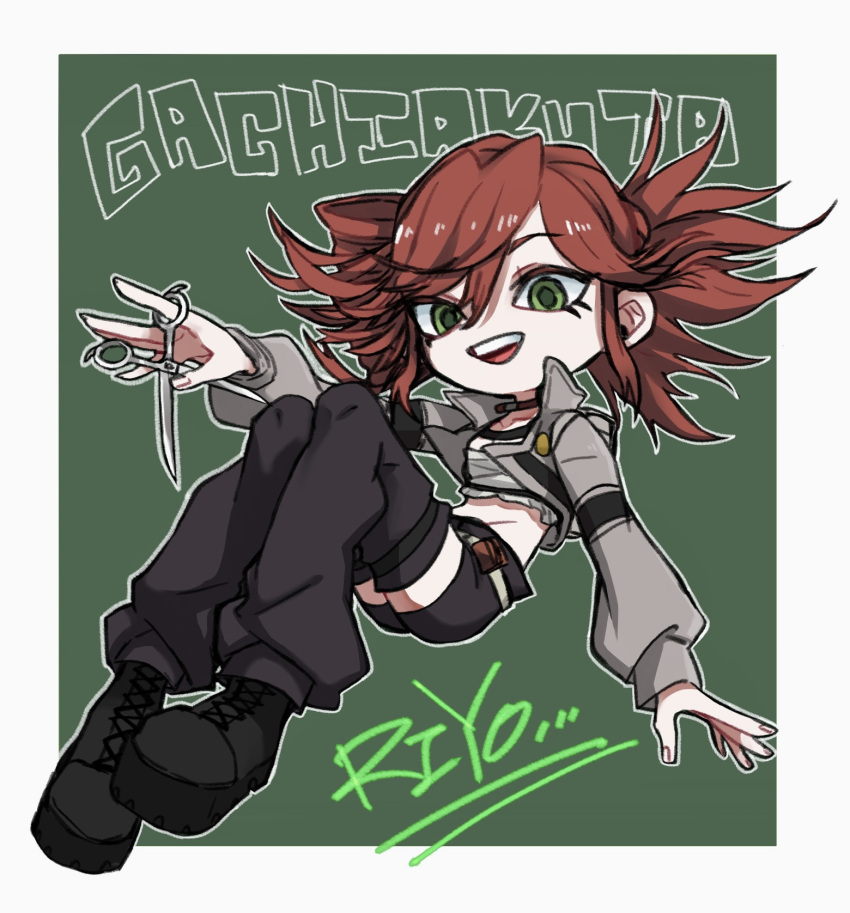1girl, black_boots, black_leg_warmers, black_shorts, boots, crop_top, folded_ponytail, full_body, gachiakuta, green_background, green_eyes, grey_jacket, highres, holding, holding_scissors, jacket, knees_up, leg_warmers, long_hair, open_mouth, red_hair, riyo_reaper, scissors, shirt, shorts, simple_background, smile, solo, white_shirt, yuuma005