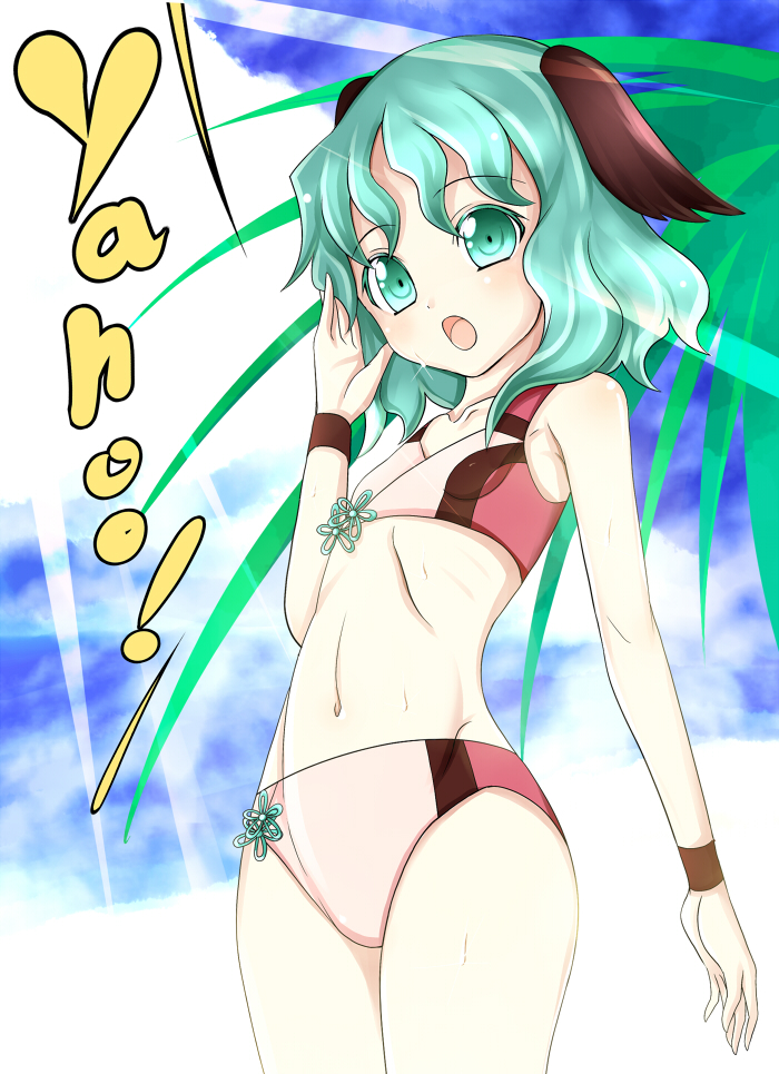 animal_ears, arm_up, bad_id, bikini, cloud, clouds, fusanojou, green_eyes, green_hair, kasodani_kyouko, leaf, navel, open_mouth, short_hair, sky, solo, swimsuit, touhou, wristband