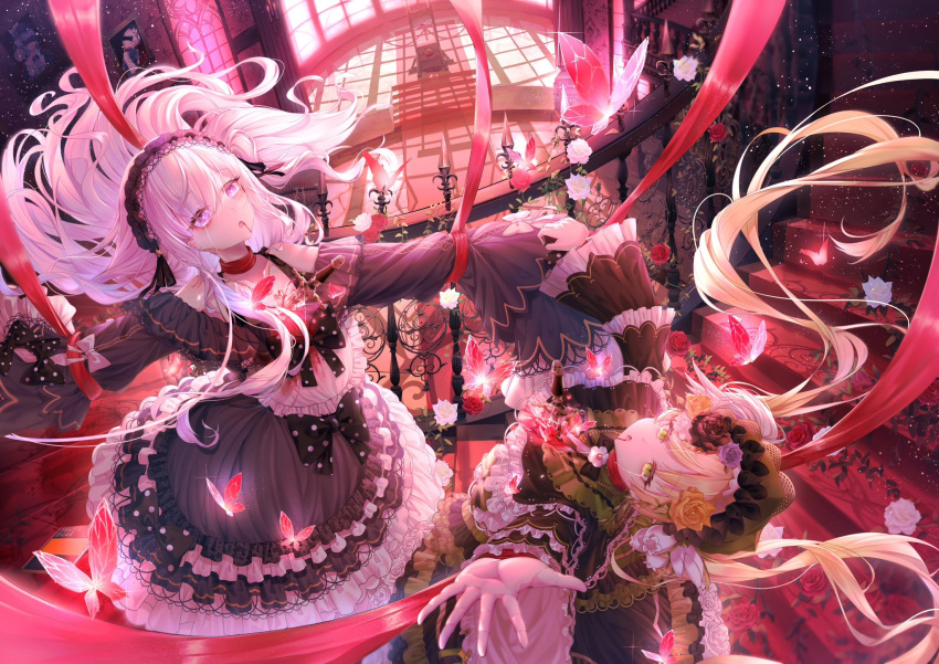2girls, black_dress, black_flower, black_rose, blonde_hair, blood, blood_from_mouth, blood_on_clothes