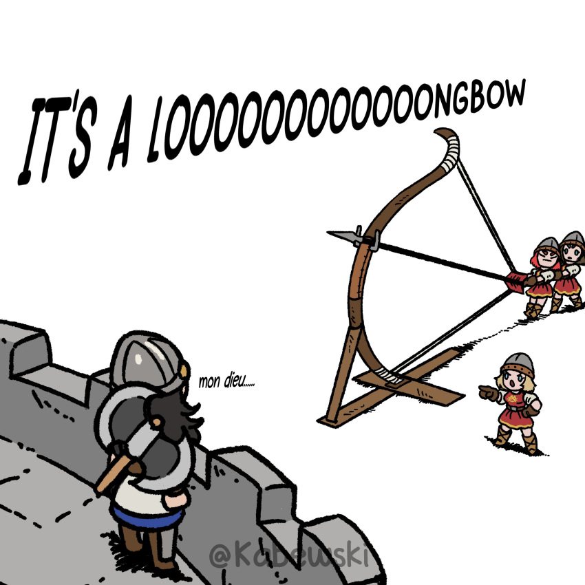 absurdres, age_of_empires_(series), age_of_empires_ii, axe, blonde_hair, bow_(weapon), brown_gloves, castle_rampart