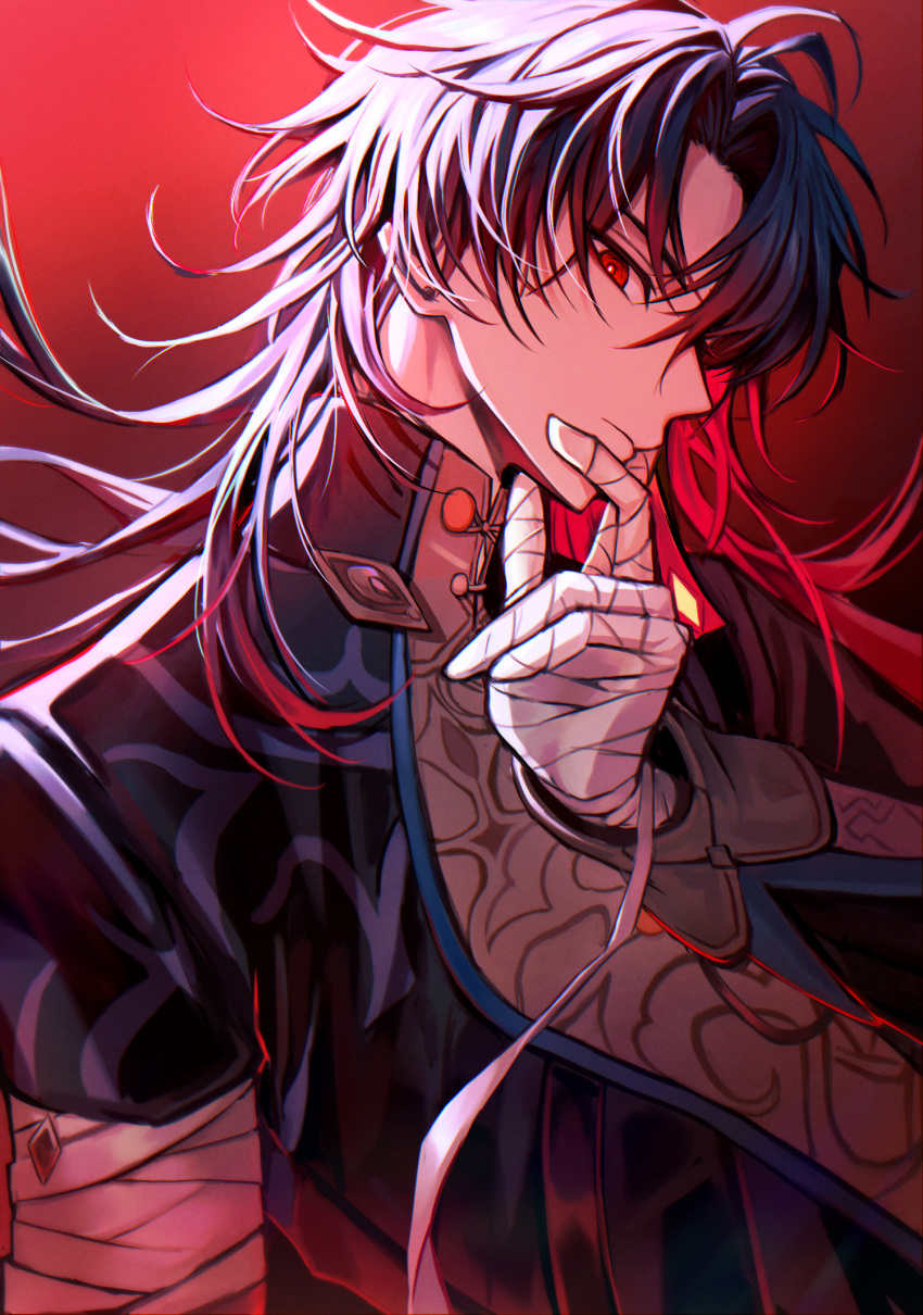 1boy, bandaged_arm, bandages, black_hair, black_shirt, blade_(honkai:_star_rail), closed_mouth, commentary