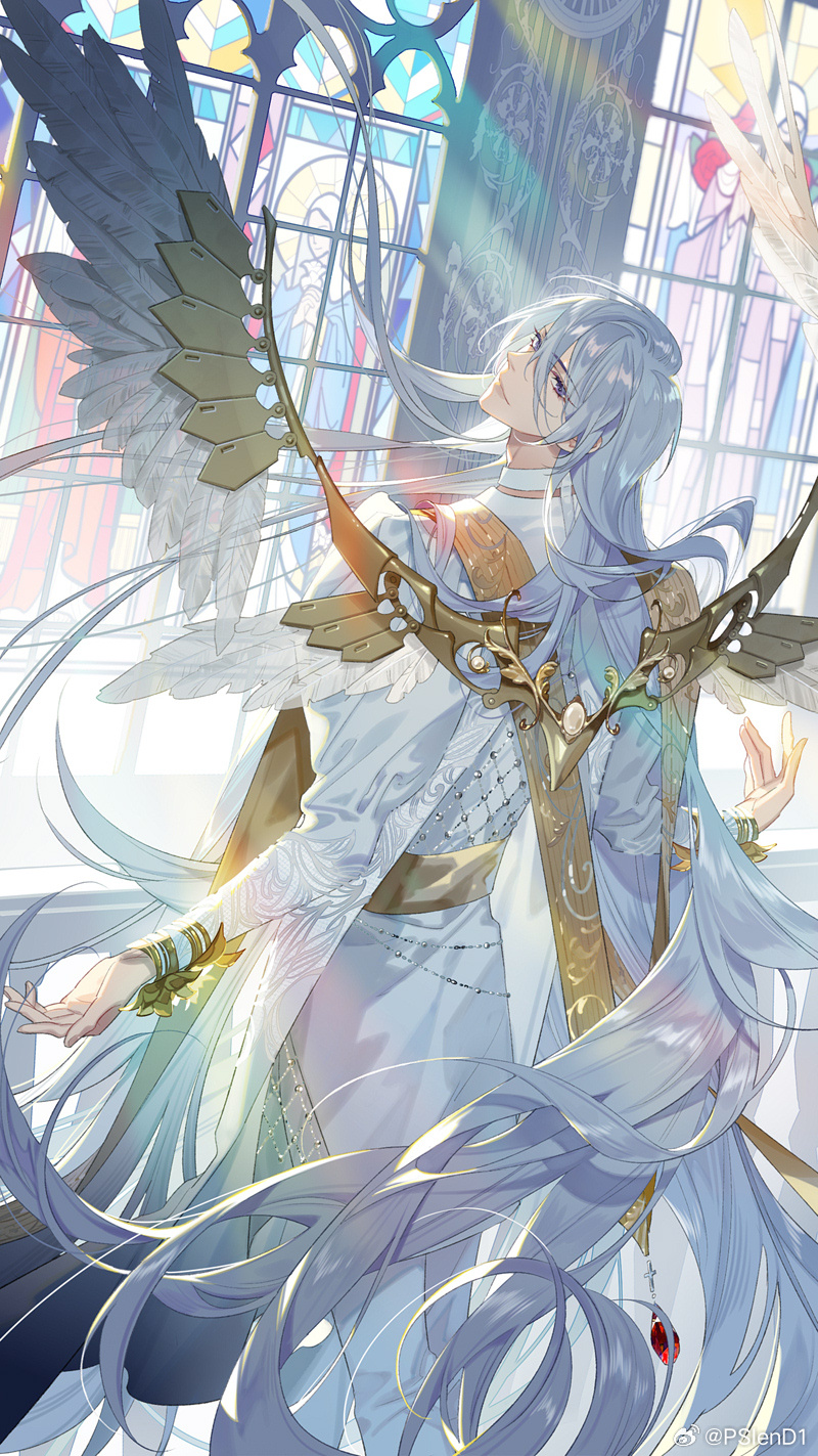 1boy, angel_wings, arched_back, bracelet, bracer, cael_anselm, cael_anselm_(deimortem_era), chain_belt