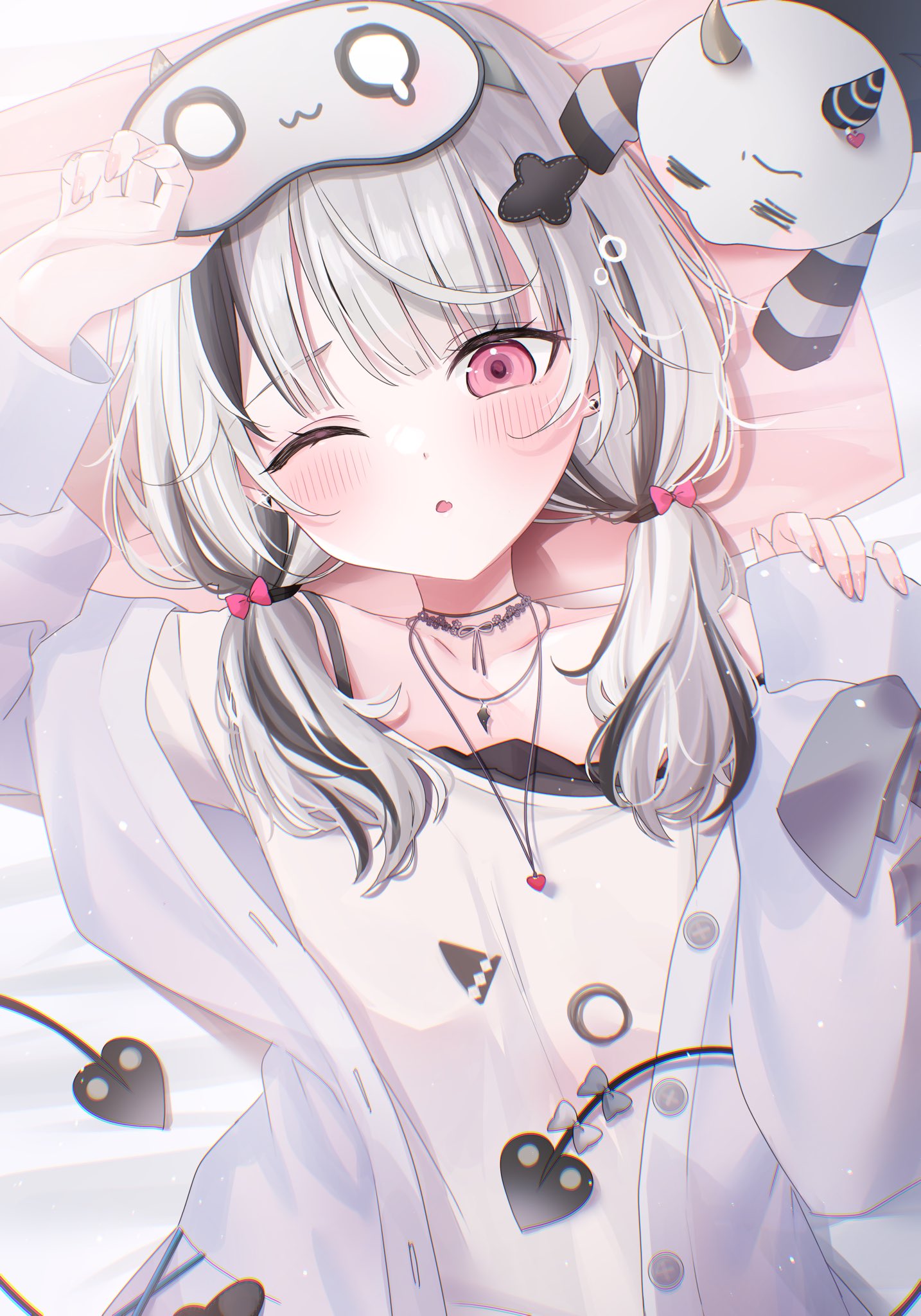1girl, ;o, asumi_sena, black_hair, blush, bow, grey_hair, hair_ornament