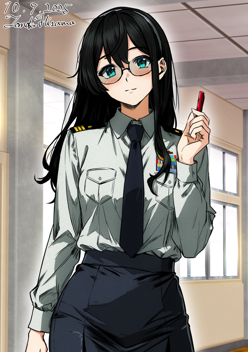 1girl, alternate_costume, artist_name, black_hair, black_necktie, blue_eyes, closed_mouth, collared_shirt