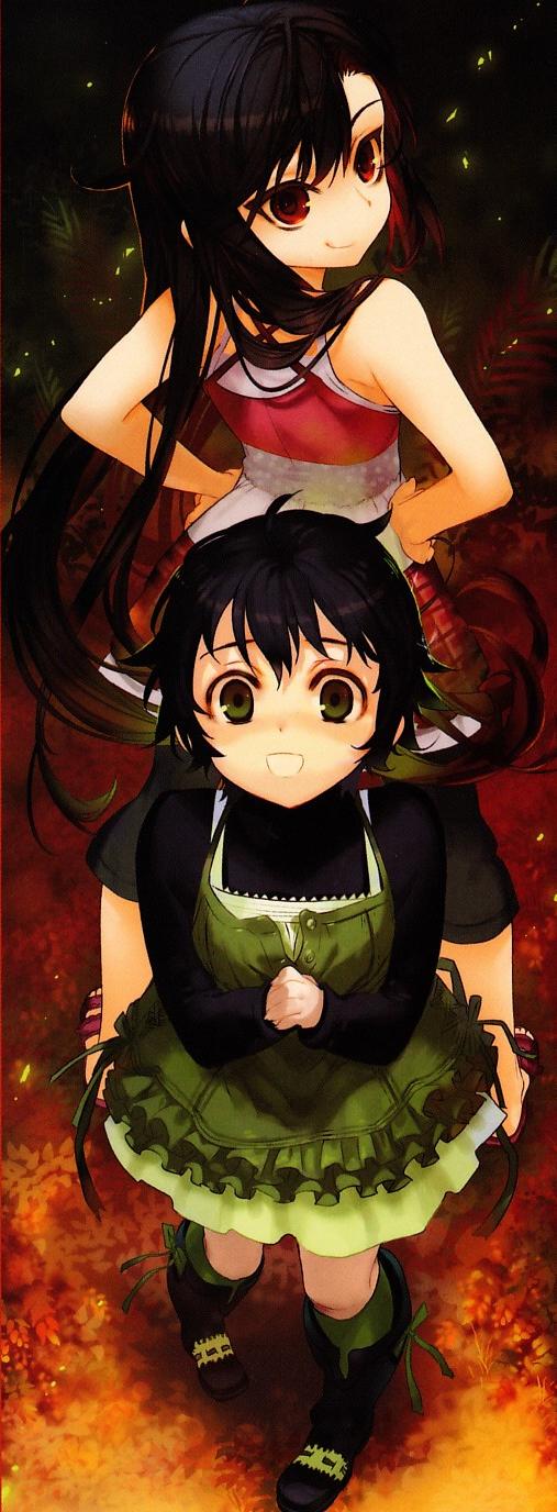 black_hair, child, chizuru, dress, green_eyes, highres, houzuki_chizuru, kuhouin_murasaki