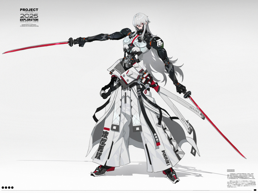 1girl, absurdres, copyright_request, cyberpunk, cyborg, dual_wielding, full_body, grey_hair