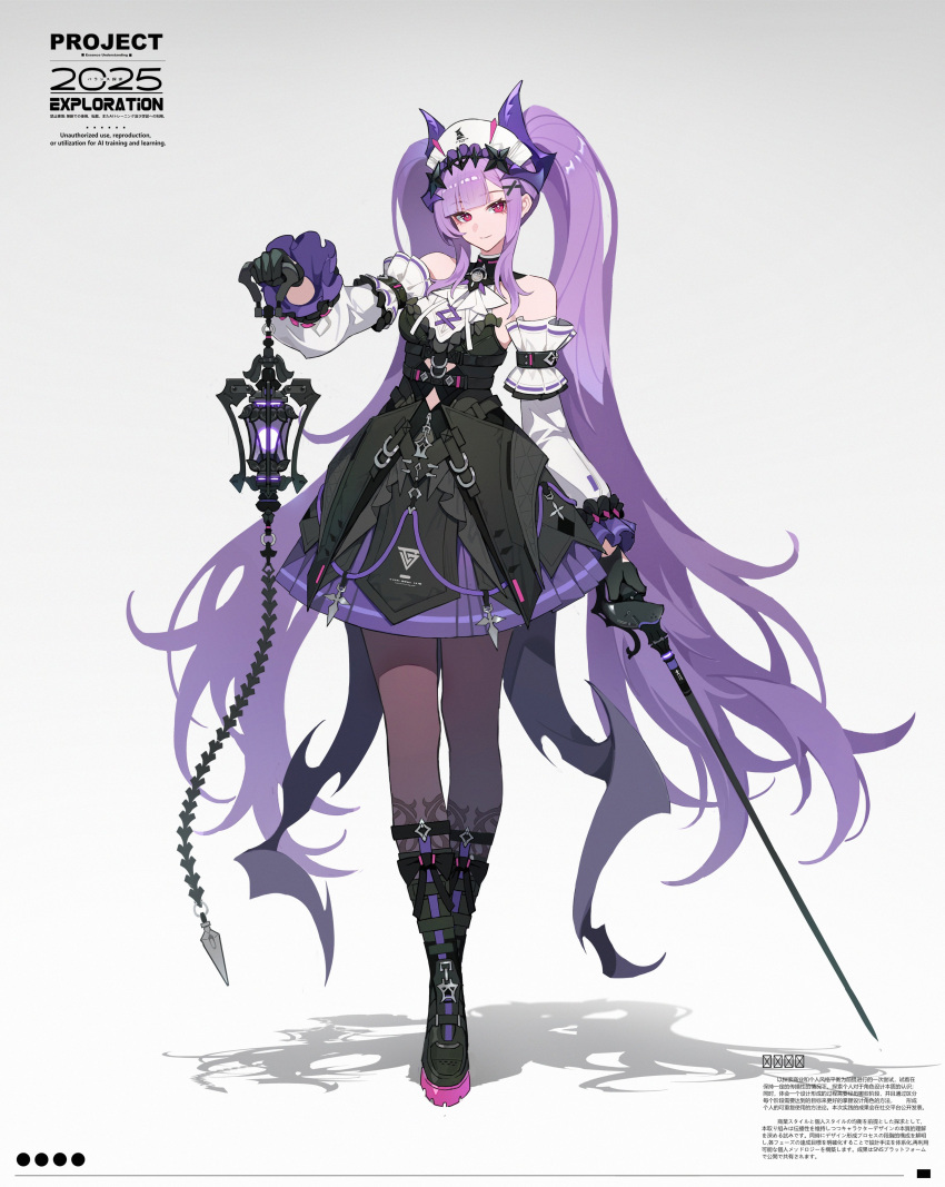1girl, absurdres, bare_shoulders, black_dress, black_gloves, boots, breasts, closed_mouth, copyright_request, detached_sleeves, dress, full_body, gloves, hachisan, highres, holding, holding_lantern, holding_sword, holding_weapon, horns, lantern, long_hair, long_sleeves, looking_at_viewer, original, pantyhose, pleated_dress, purple_hair, rapier, red_eyes, shadow, simple_background, smile, solo, standing, sword, twintails, very_long_hair, weapon