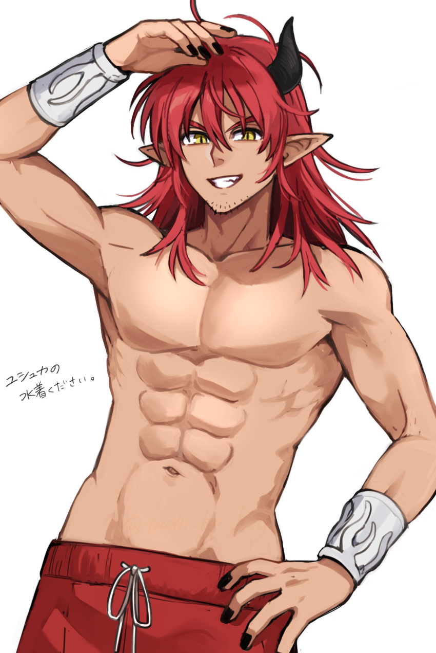 1boy, abs, absurdres, black_horns, black_nails, bracelet, commentary_request, demon_boy