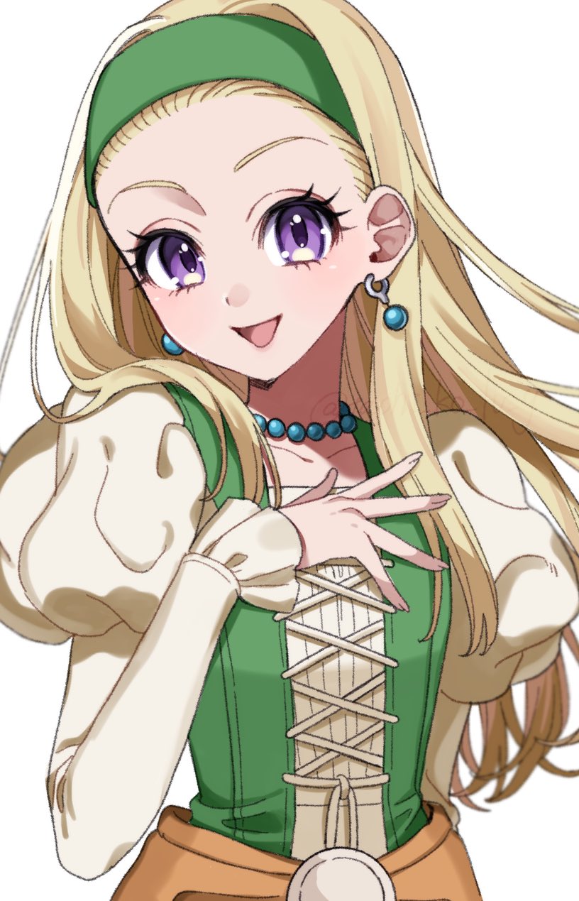 1girl, :d, bead_necklace, beads, blonde_hair, blouse, commentary, cross-laced_clothes