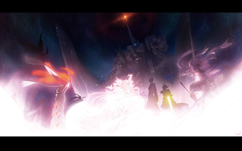 assassin, assassin_(f/sn), assassin_(fate/stay_night), berserker, buster_machine_7, caster, character_request, crossover, demonbane, demonbane_(mecha), epic, fate/stay_night, fate_(series), glowing, goddess_madoka, hi_no_tori, hi_no_tori_(character), highres, kaname_madoka, lancer, letterboxed, mahou_shoujo_madoka_magica, mecha, nono, nono_(top_wo_nerae_2!), rider, saber, scarf, silhouette, space, spoilers, sword, top_wo_nerae_2!, ultimate_madoka, wadatsumi_garland, weapon