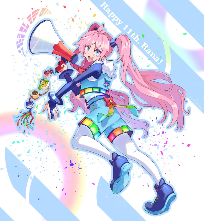 1girl, :d, anniversary, blue_eyes, blue_shoes, blue_shorts, character_name, commentary