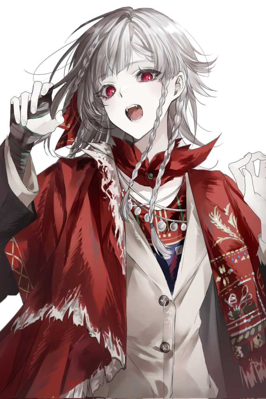 1girl, black_coat, black_gloves, claw_pose, coat, fang, fingerless_gloves, gloves