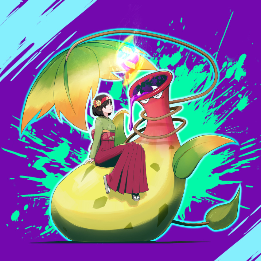 1girl, absurdres, acid, black_hair, breasts, closed_mouth, colored_skin, erika_(pokemon)