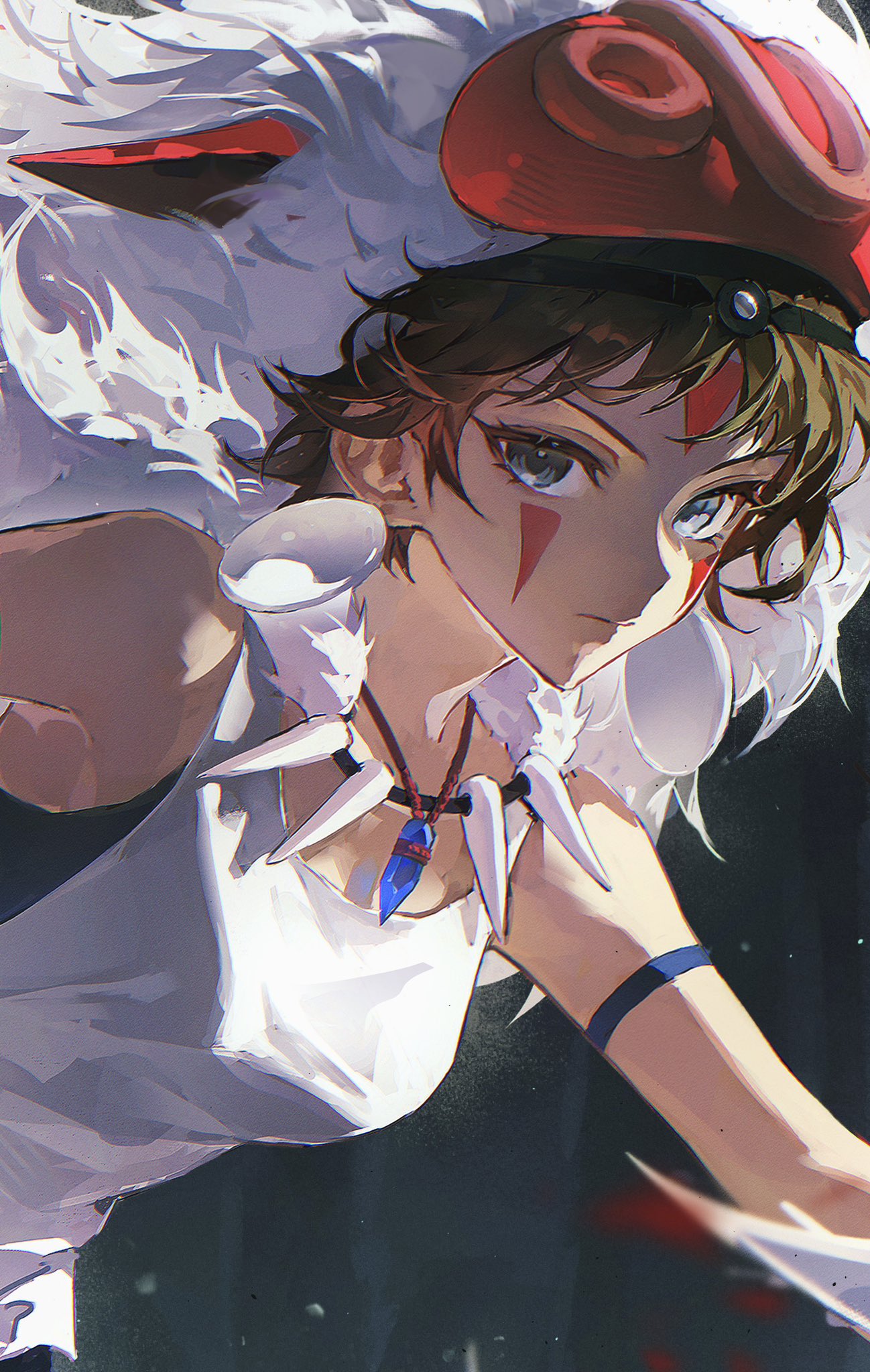 1girl, arm_strap, bare_arms, bare_shoulders, black_background, blue_eyes, breasts, brown_hair, closed_mouth, earrings, eyelashes, facepaint, facial_mark, headband, highres, jewelry, looking_at_viewer, mosory, necklace, original, shirt, short_hair, sleeveless, sleeveless_shirt, solo, tank_top, tooth_necklace, upper_body, white_shirt, white_tank_top