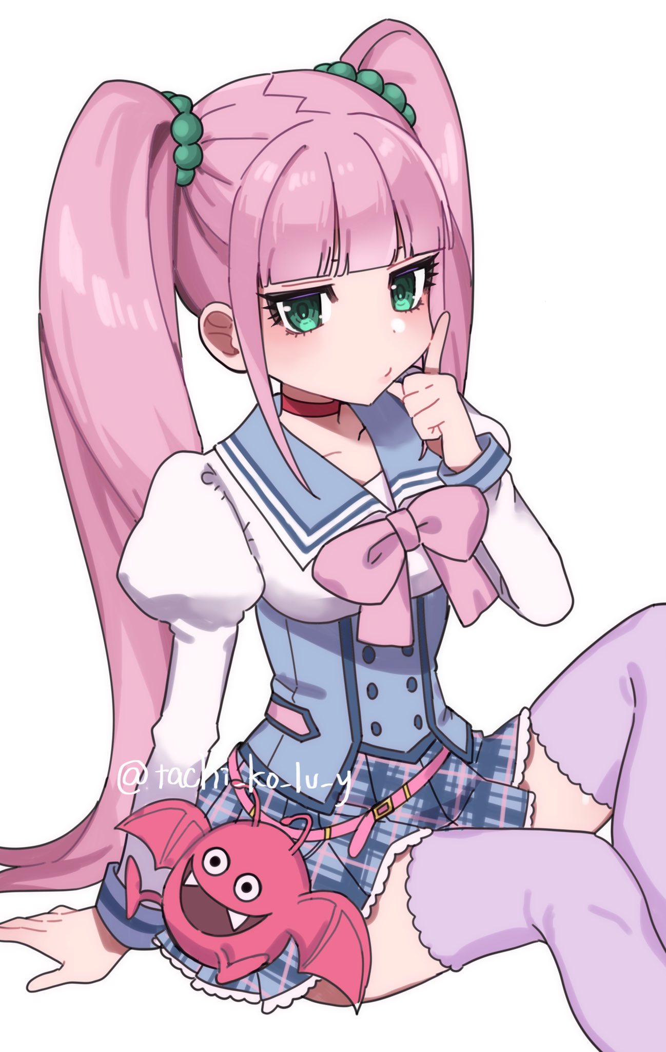 1girl, argyle_clothes, argyle_skirt, asfeld_academy_school_uniform, blue_skirt, blunt_bangs, bow, buttons, choker, commentary_request, double-breasted, dracky, dragon_quest, dragon_quest_x, fangs, green_eyes, hair_bobbles, hair_ornament, highres, index_finger_raised, jewelry, juliet_sleeves, lapis_(dq10), long_hair, long_sleeves, looking_at_viewer, pink_bow, pink_hair, puffy_sleeves, purple_thighhighs, red_choker, school_uniform, sitting, skirt, solo, tachi_ko_lv_y, thigh-highs, twintails, white_background, zettai_ryouiki