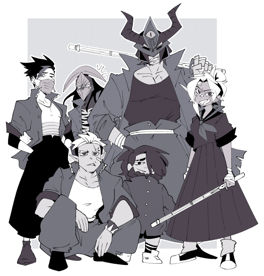 1girl, 1other, 4boys, delinquent, drawfee, drawtectives, dwarf, eugene_finch
