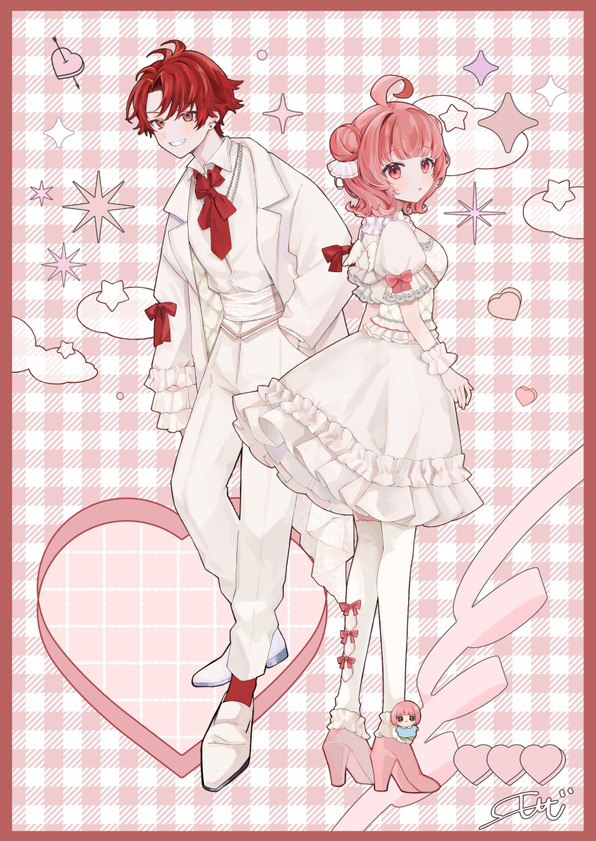 1boy, 1girl, absurdres, ahoge, blush, border, commentary, double_bun