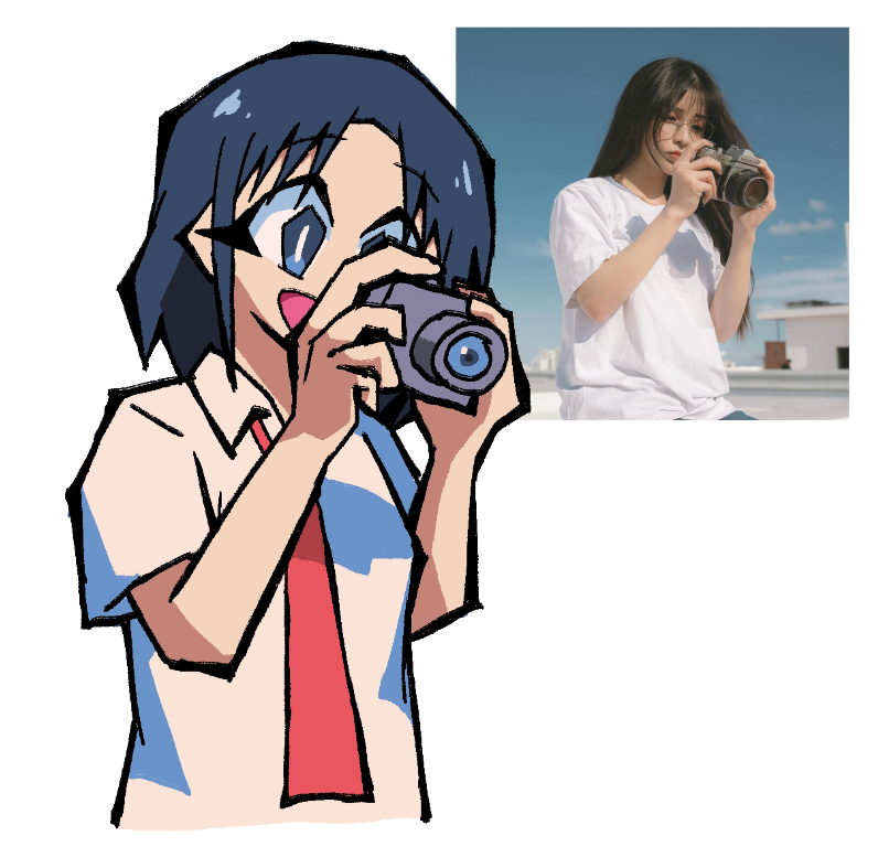 1girl, :d, black_hair, blue_eyes, camera, city_(arawi_keiichi), collared_shirt, cropped_torso