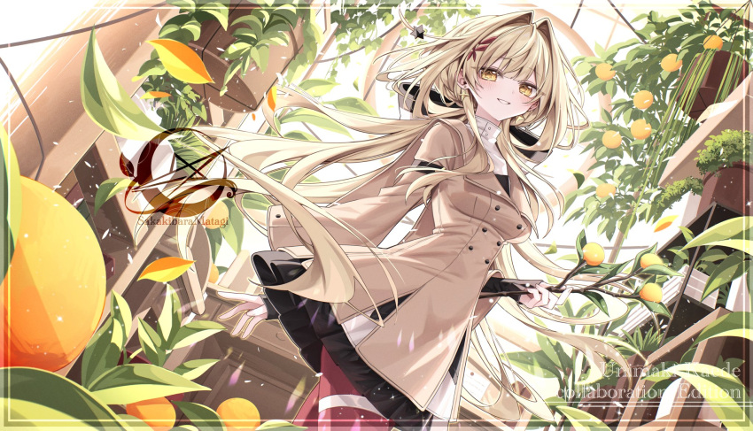 1girl, black_skirt, blonde_hair, blush, brown_coat, coat, cowboy_shot, dutch_angle