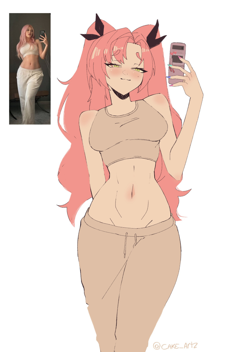 1girl, absurdres, breasts, highres, mirror_selfie, nicole_demara, phone, pink_hair